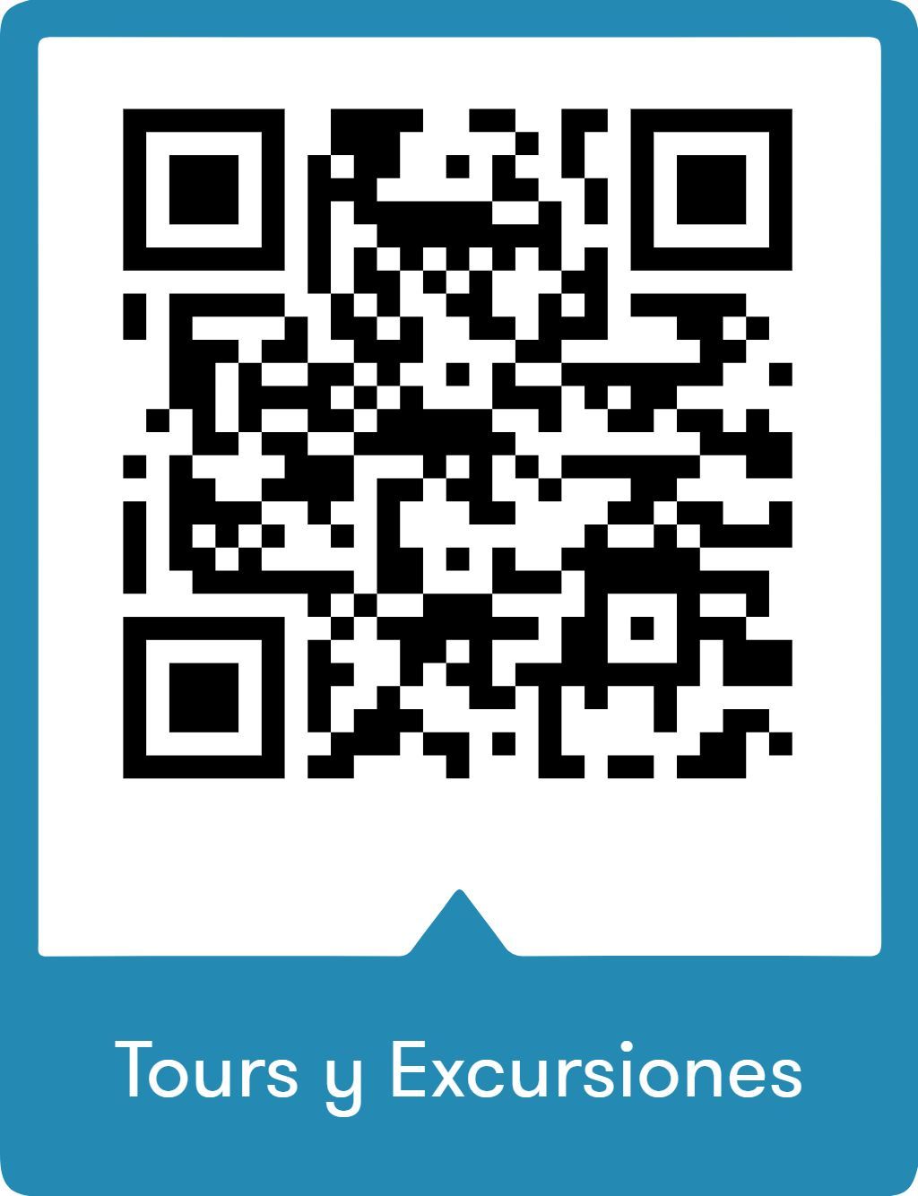 Código QR para Tours y Excursiones, un cuadrado blanco y negro con fondo azul y texto en la parte inferior.