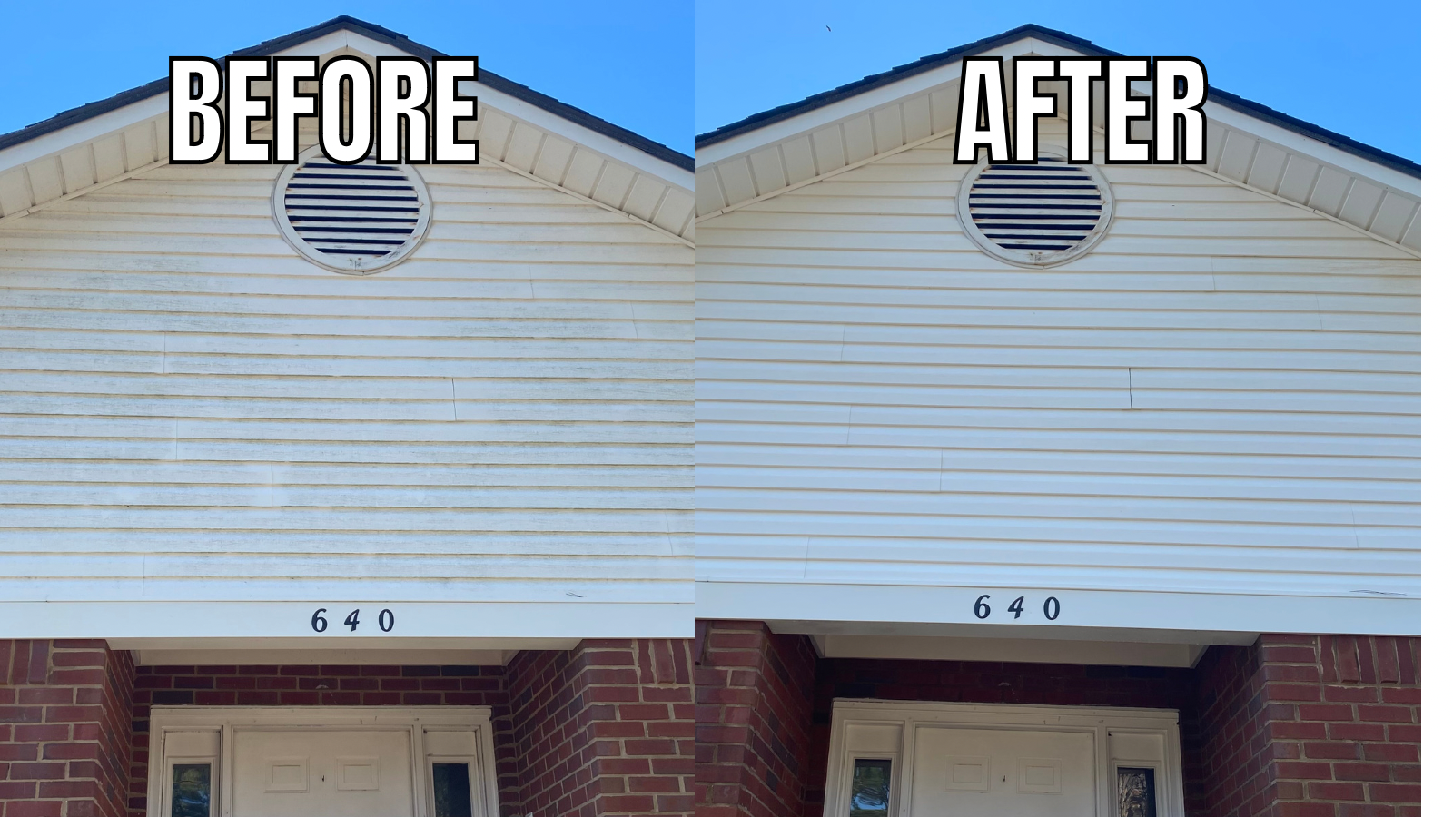 A before and after picture of pressure washing a house