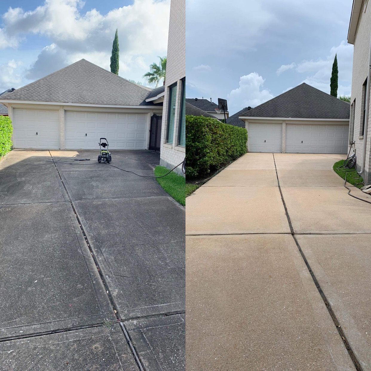 A before and after picture of pressure washing a driveway in Gulf Shores