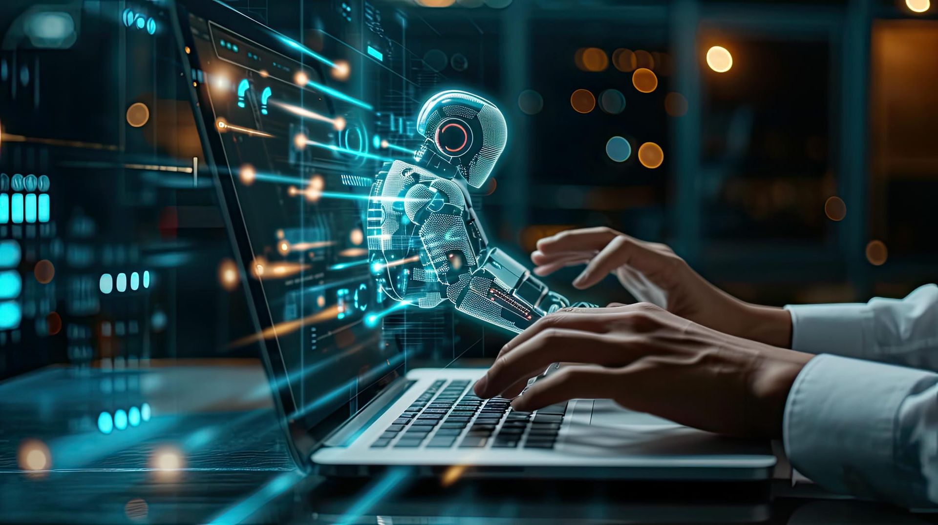 A person is typing on a laptop computer with a robot arm coming out of the screen.