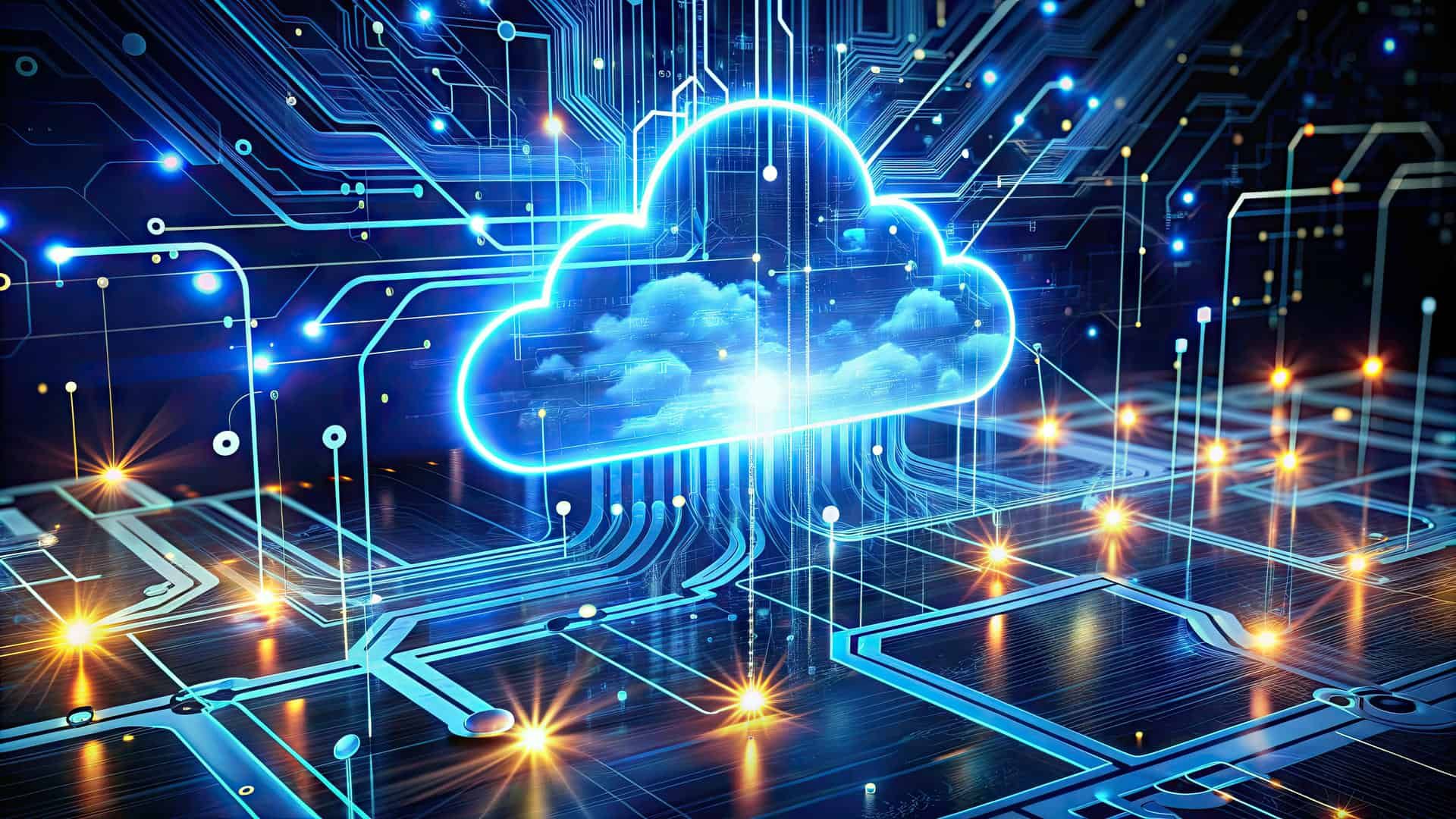A cloud is floating in the middle of a computer circuit board.