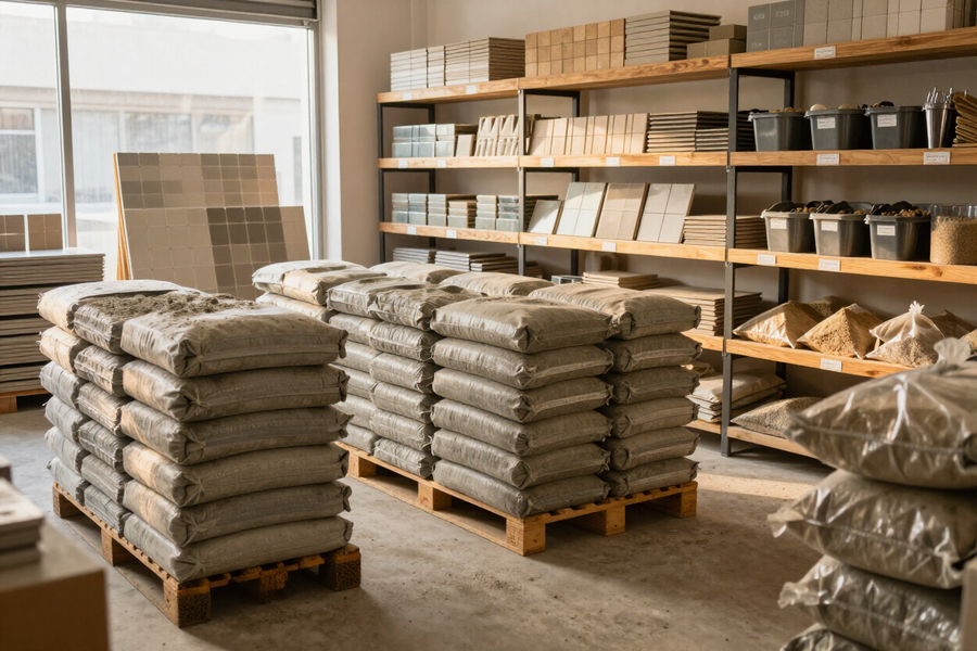 Sacos de cemento blanco en una zona de almacenamiento industrial.