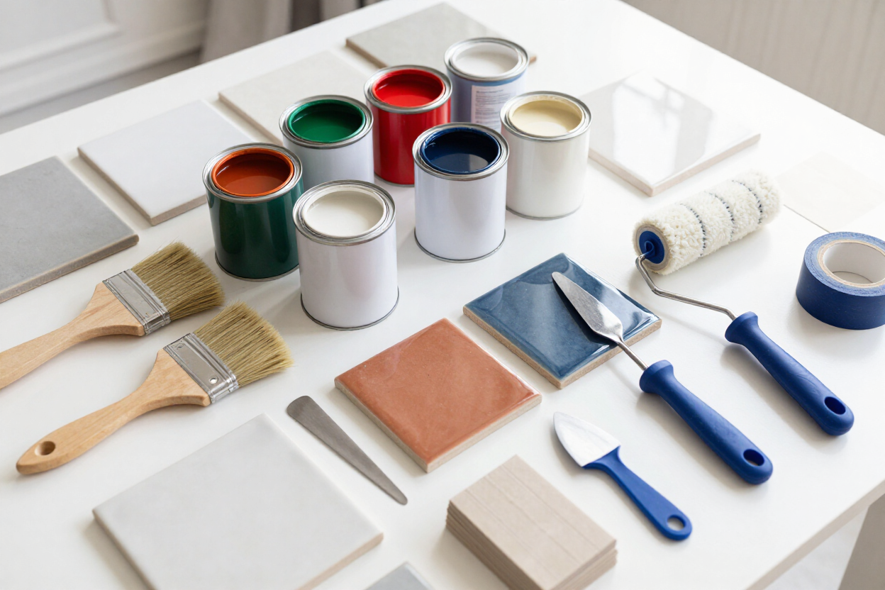 Selección de cerámicos, pinturas y accesorios sobre una mesa de exhibición.