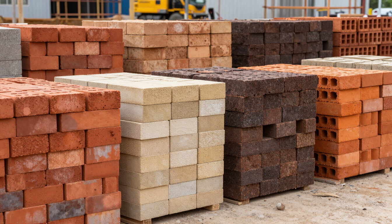 Montones de ladrillos rojos, beige y oscuros apilados al aire libre en una obra en construcción.