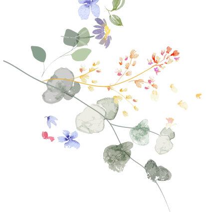 A watercolor painting of flowers and leaves on a white background