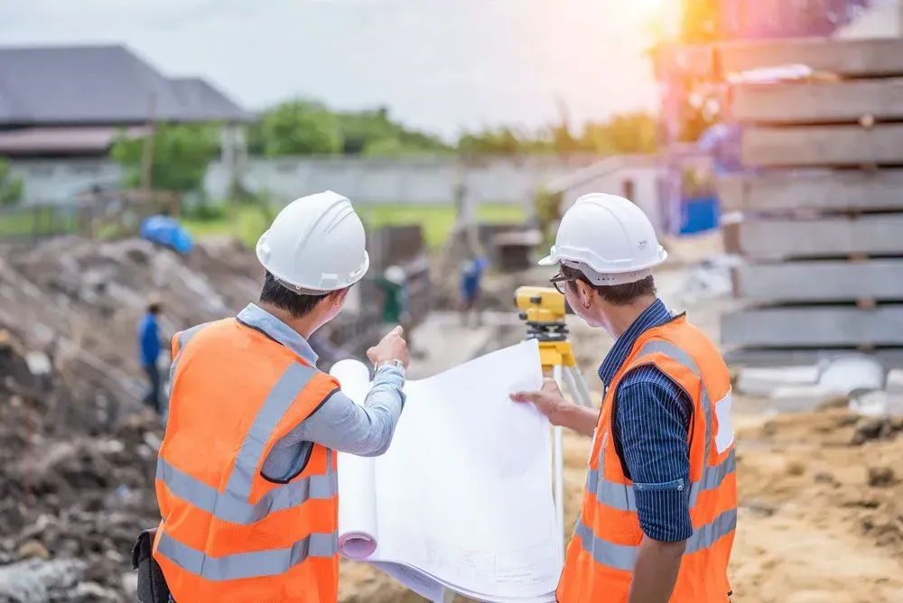 Two construction engineers discussing project plans and building supplies on site. Two construction engineers discussing project plans and building supplies on site.