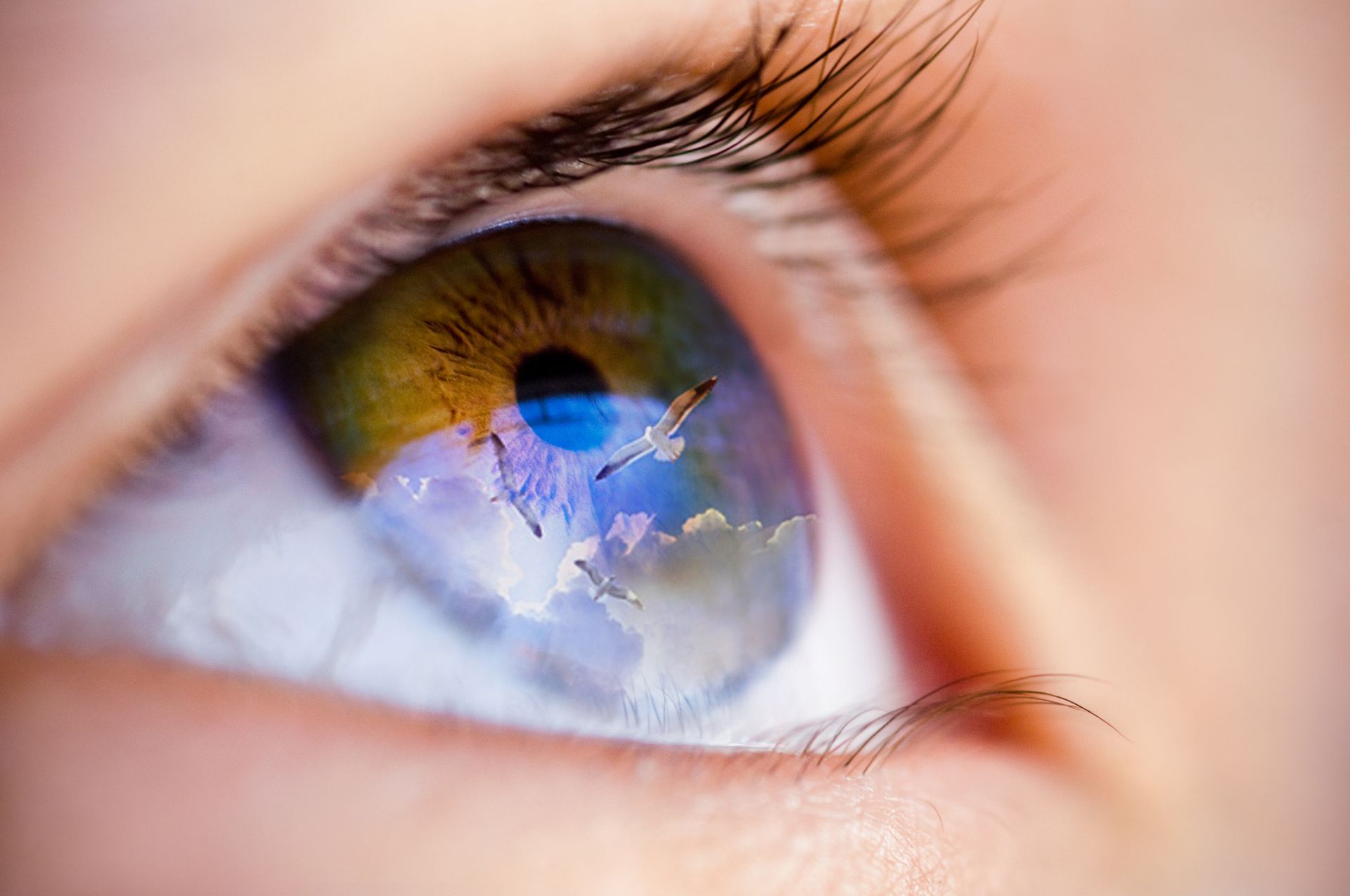 A close up of a woman 's eye with a reflection of a plane in it.