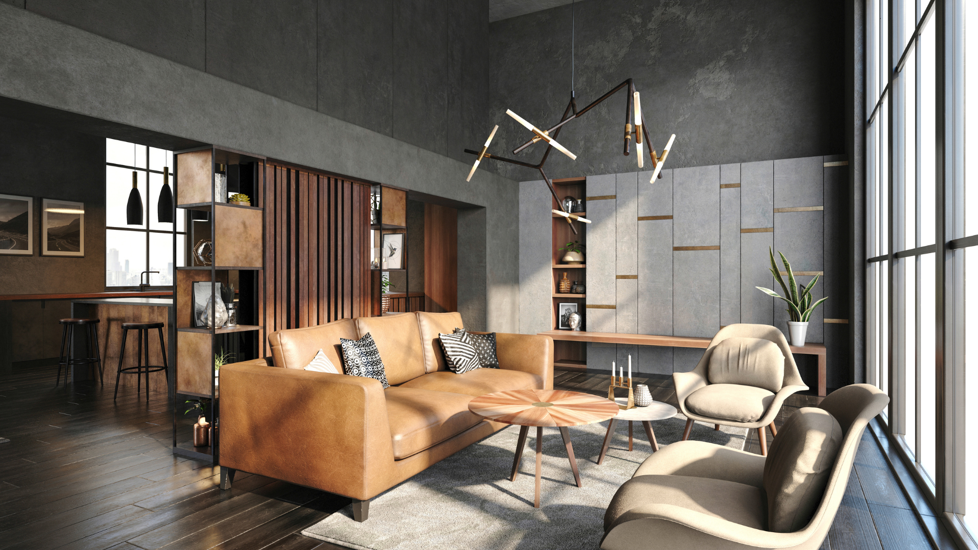 A living room with a couch , chairs , and a table.