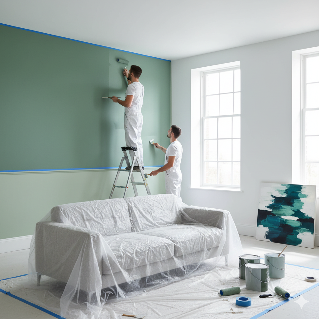 Two people painting a room green; one on a ladder, one at ground level; sofa covered in plastic.