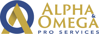 Alpha & Omega Pro Services logo in blue and gold with a stylized circular emblem and text