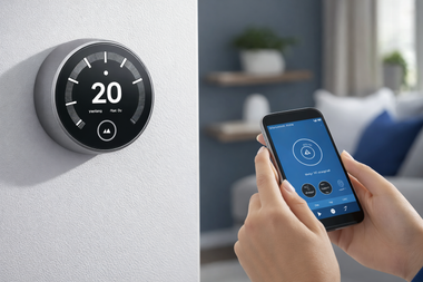 Smart thermostat on a wall next to a hand holding a phone with a home control app