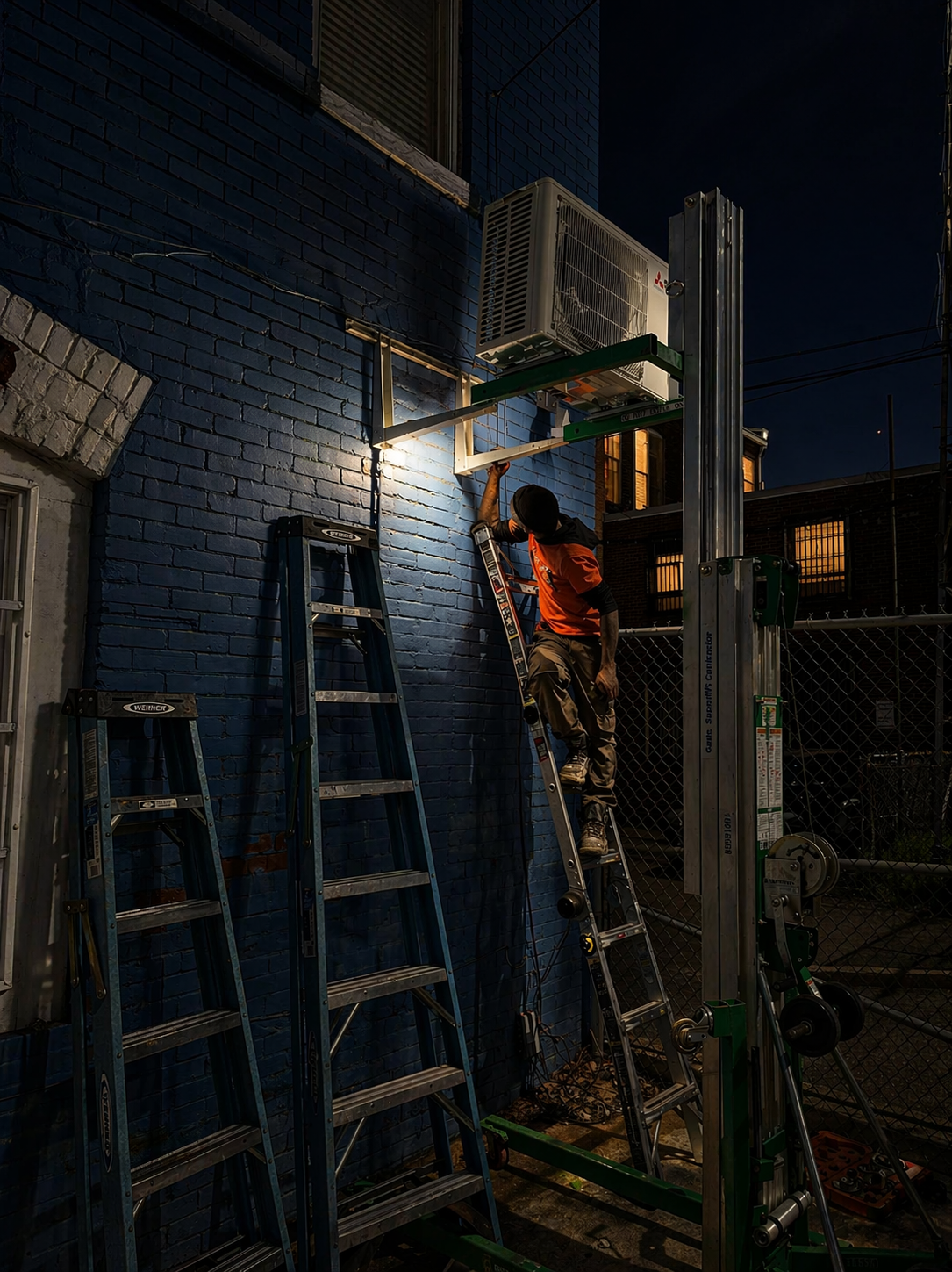 Person climbing a ladder at night beside a blue brick wall, lit by a bright work light.