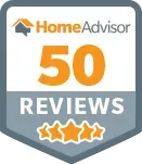 HomeAdvisor badge: 50 reviews, orange