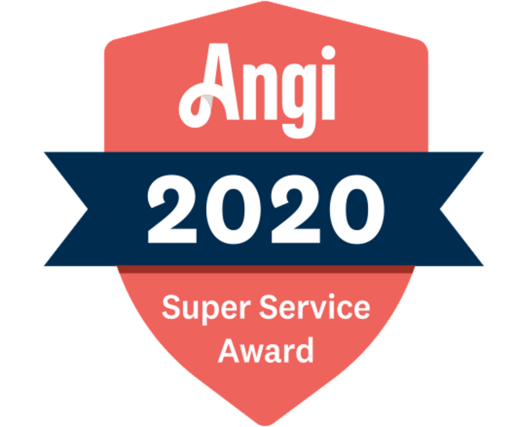 Angi 2020 Super Service Award badge, red and navy with white text.