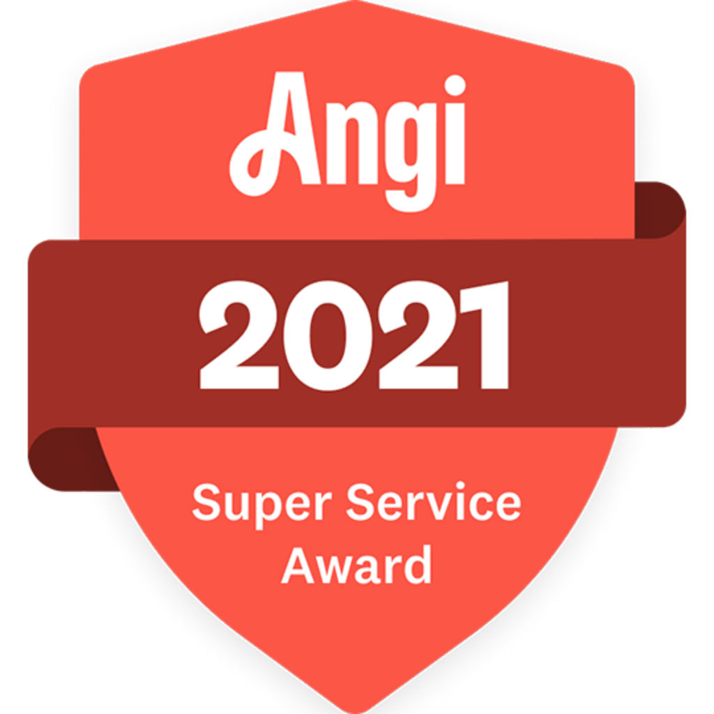 Angi 2021 Super Service Award badge in coral and brown.