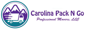 Logo of Carolina Pack N Go, professional movers. Features truck icon and mountain graphic in a blue circle.