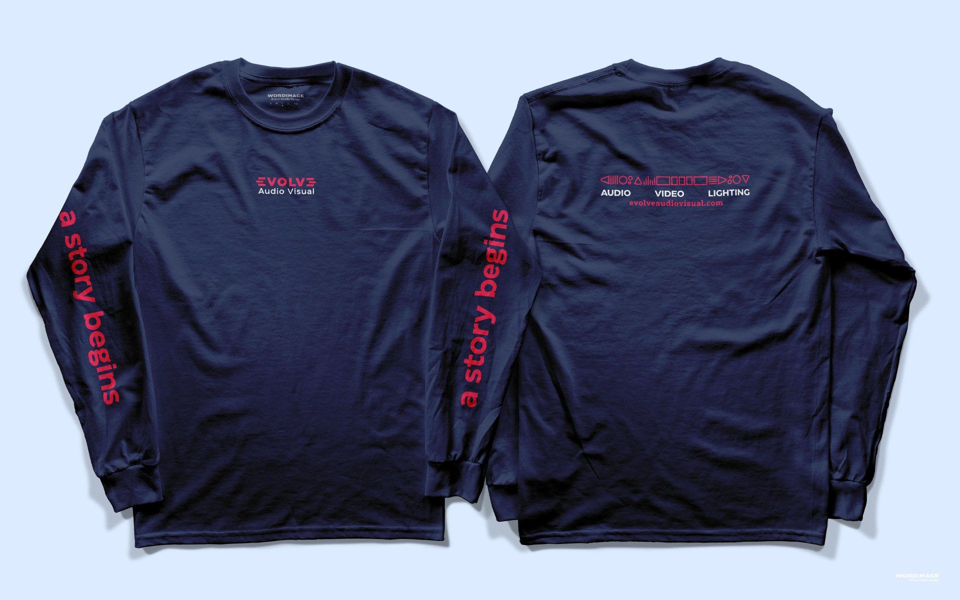 The front and back of a long sleeve shirt that says a story begins