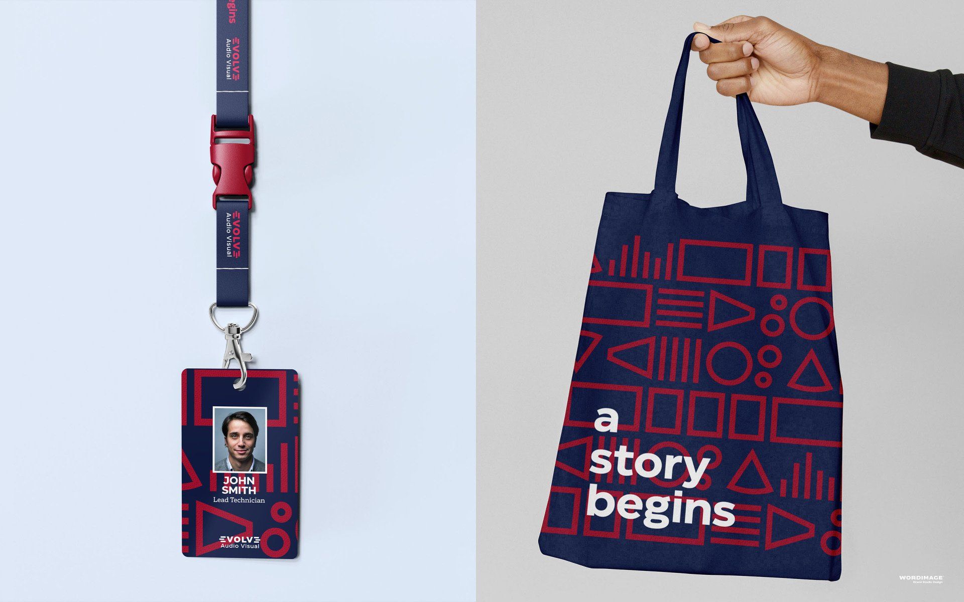 A person is holding a tote bag next to a lanyard that says a story begins.