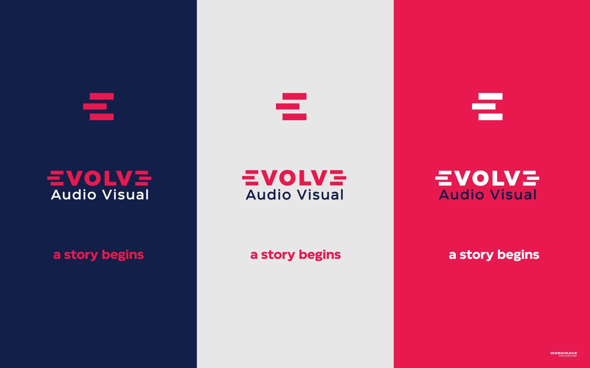 A logo for evolve audio visual is shown in three different colors.