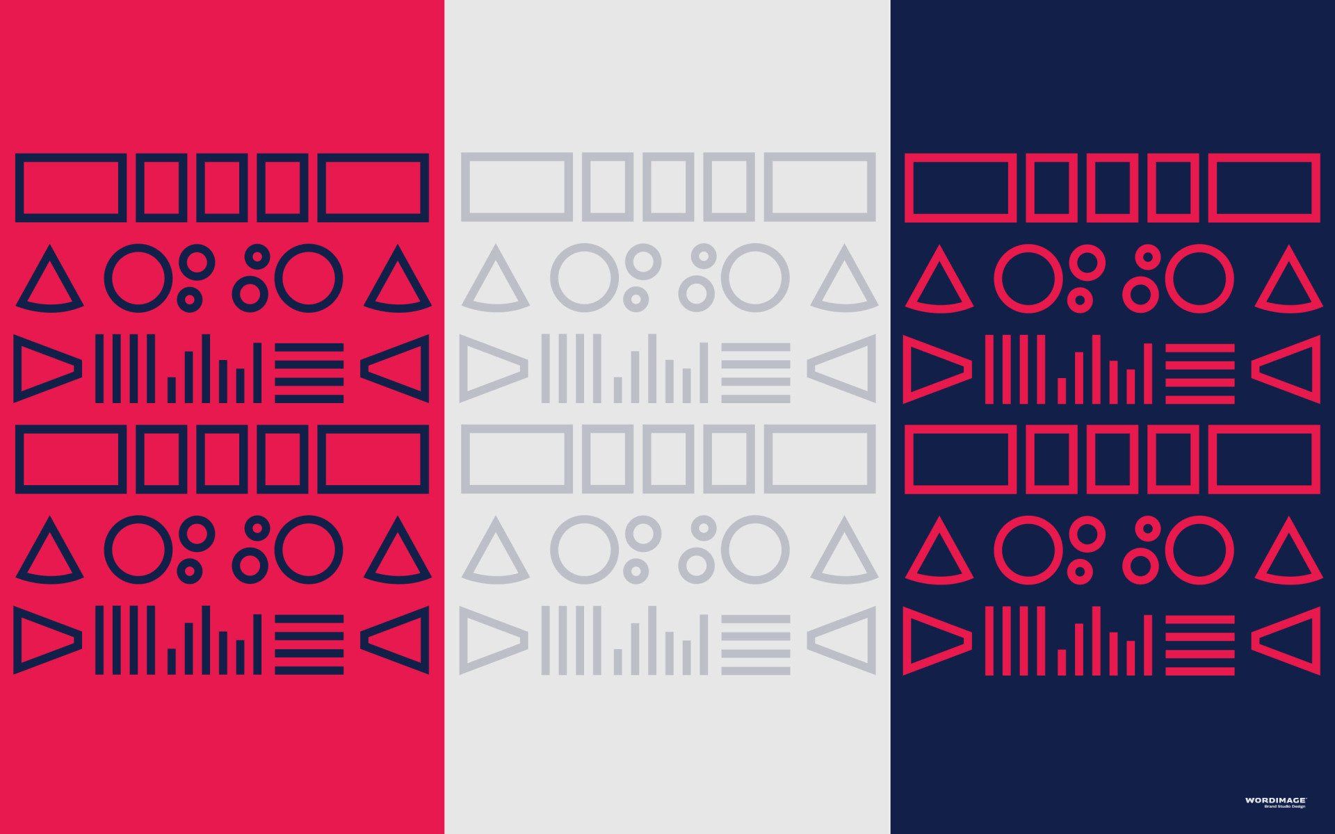 A red , white and blue flag with geometric shapes on it.