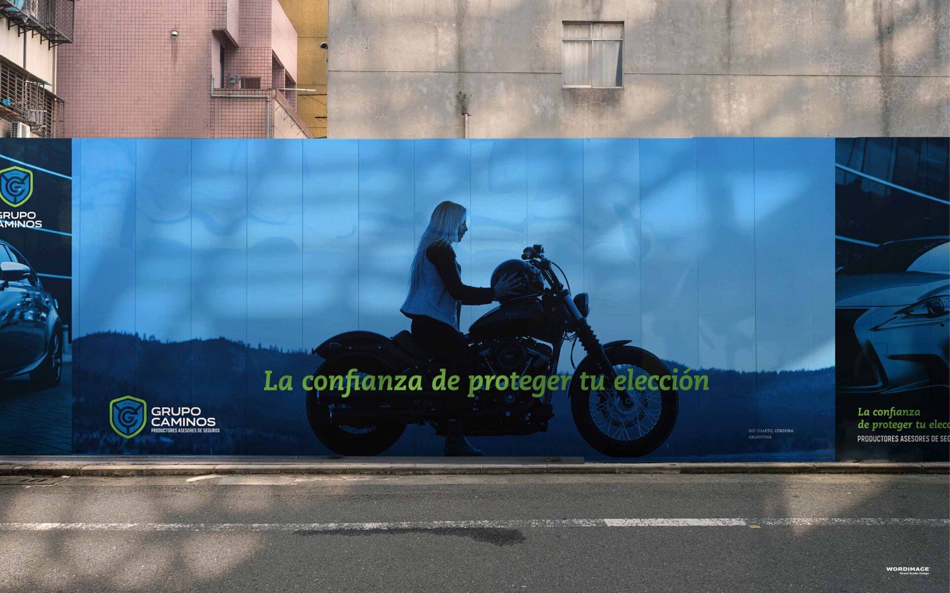 A woman is riding a motorcycle on a billboard that says la confianza de protege tu eleccion