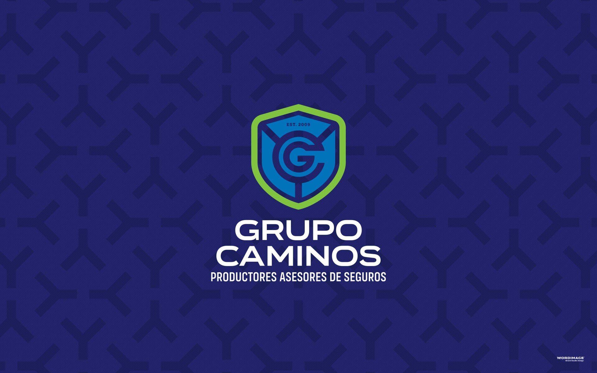 The logo for grupo caminos is on a blue background.