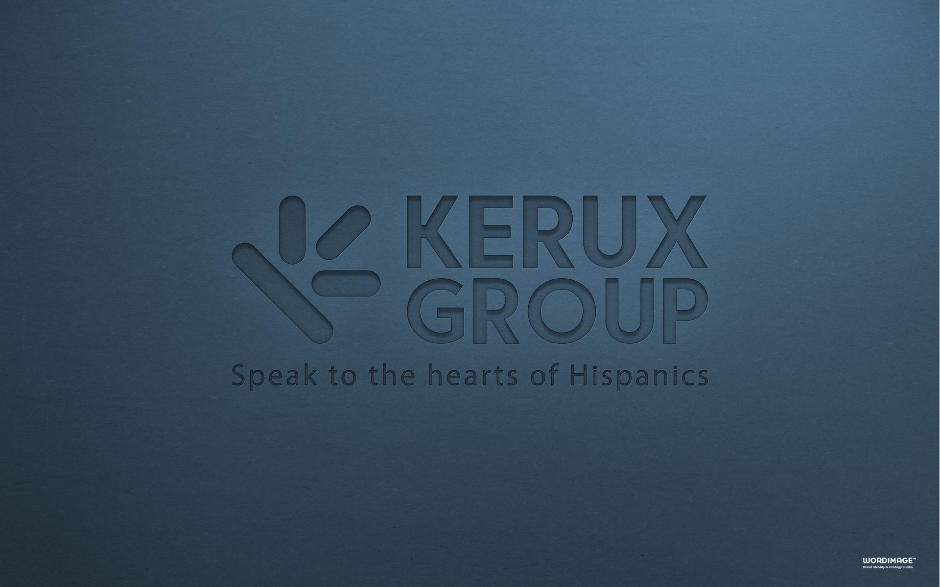 A dark blue background with the words kerux group on it