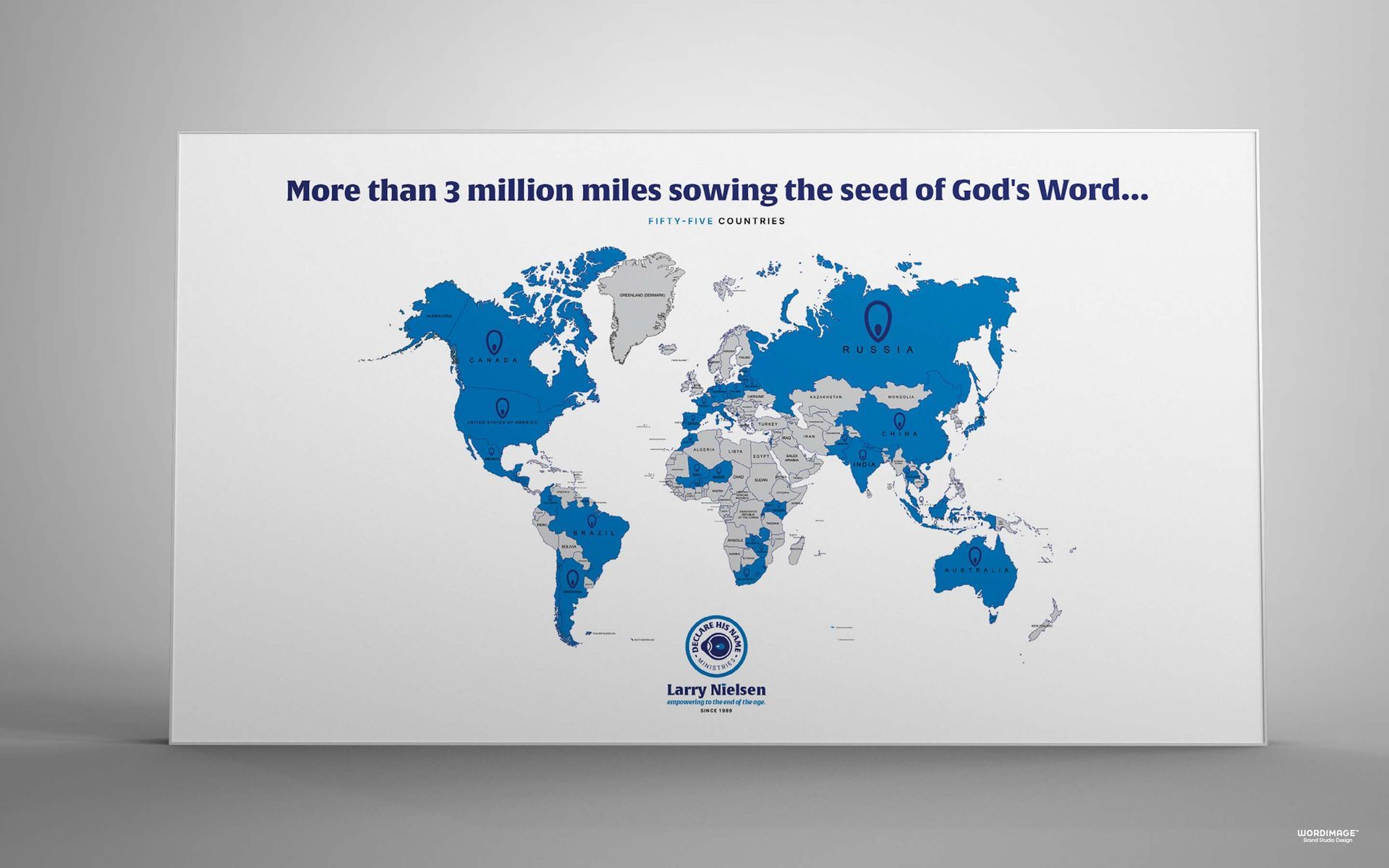 A map of the world with the words `` more than 2 million miles among the seed of god 's word '' on it.
