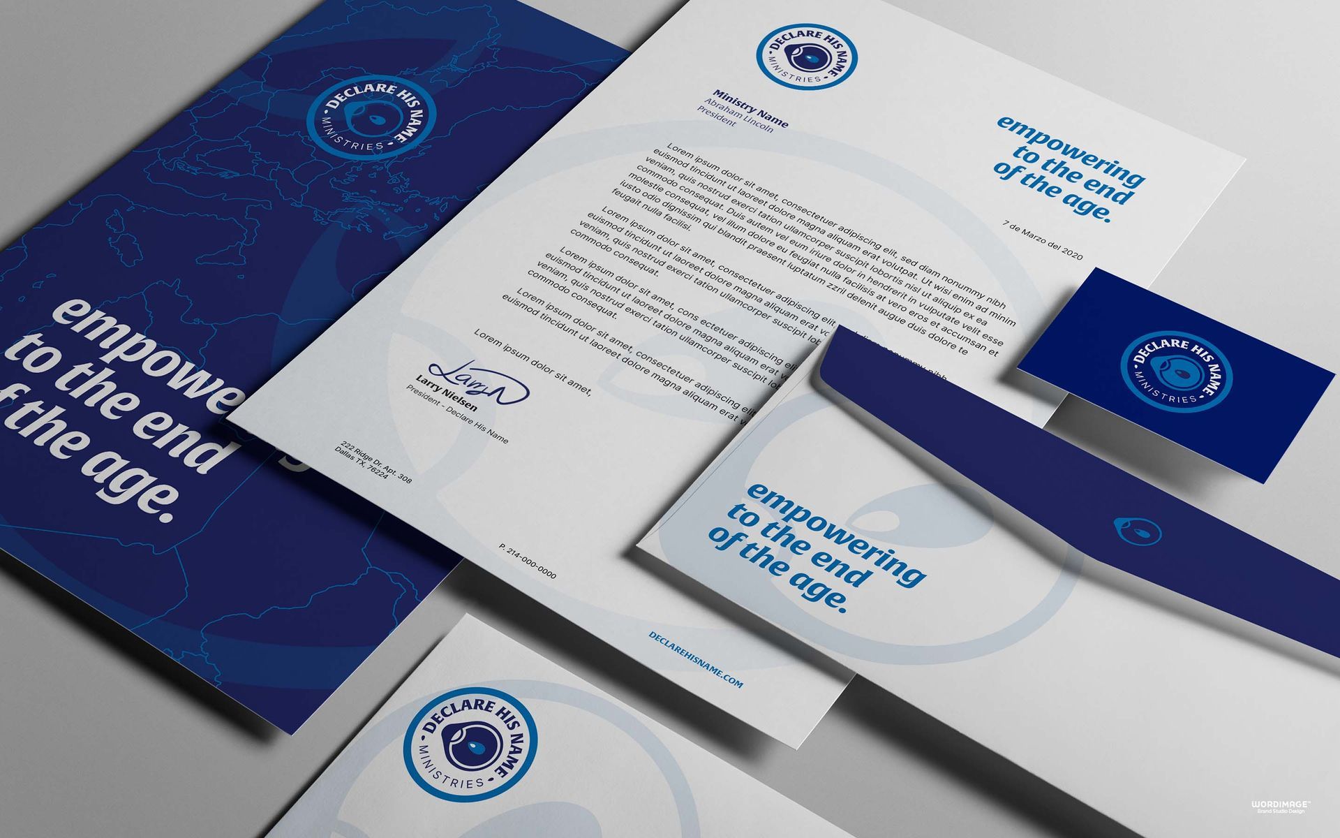 A blue and white brochure with the words empower to the end of the age on it