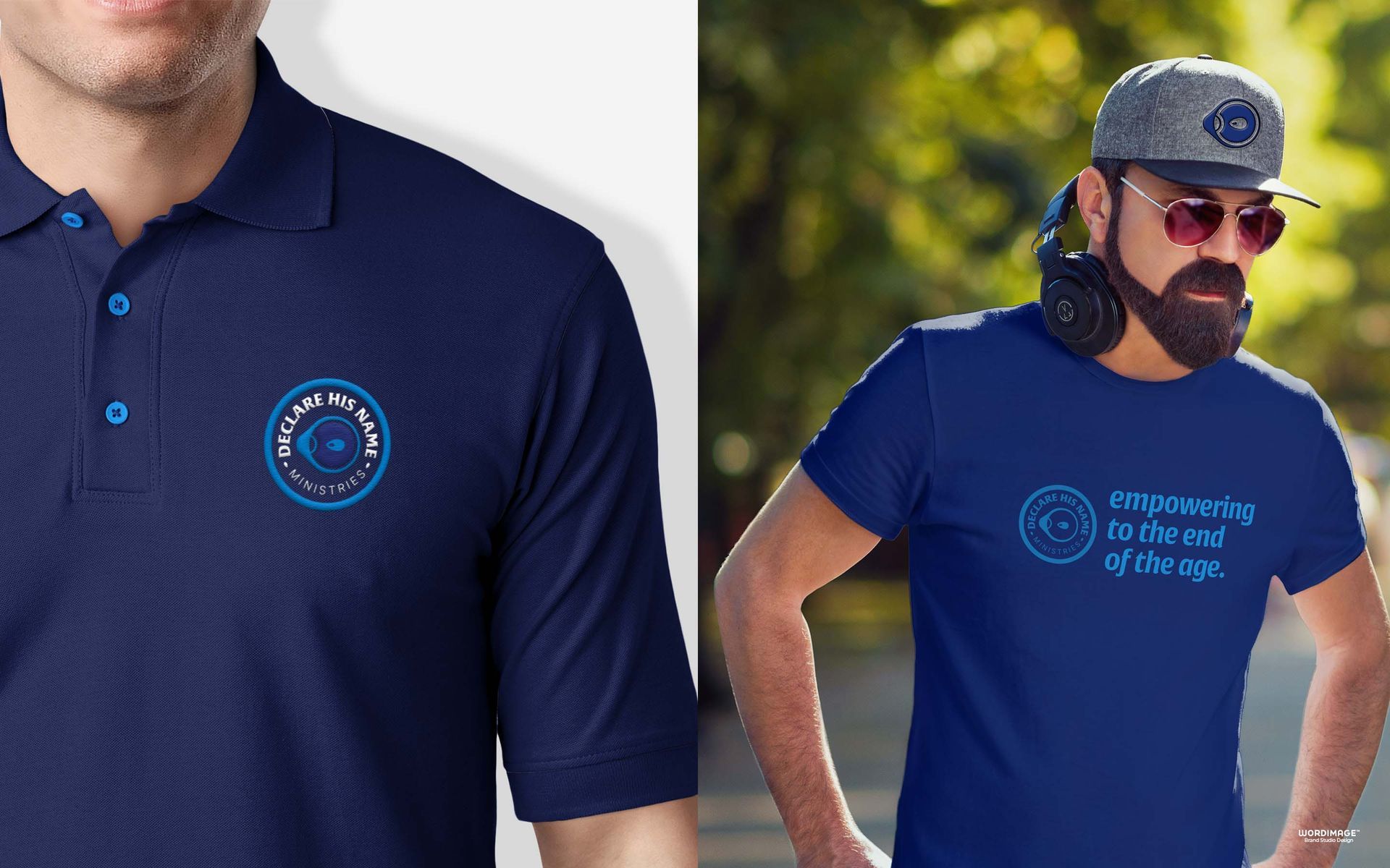 A man wearing a polo shirt next to a man wearing a t-shirt