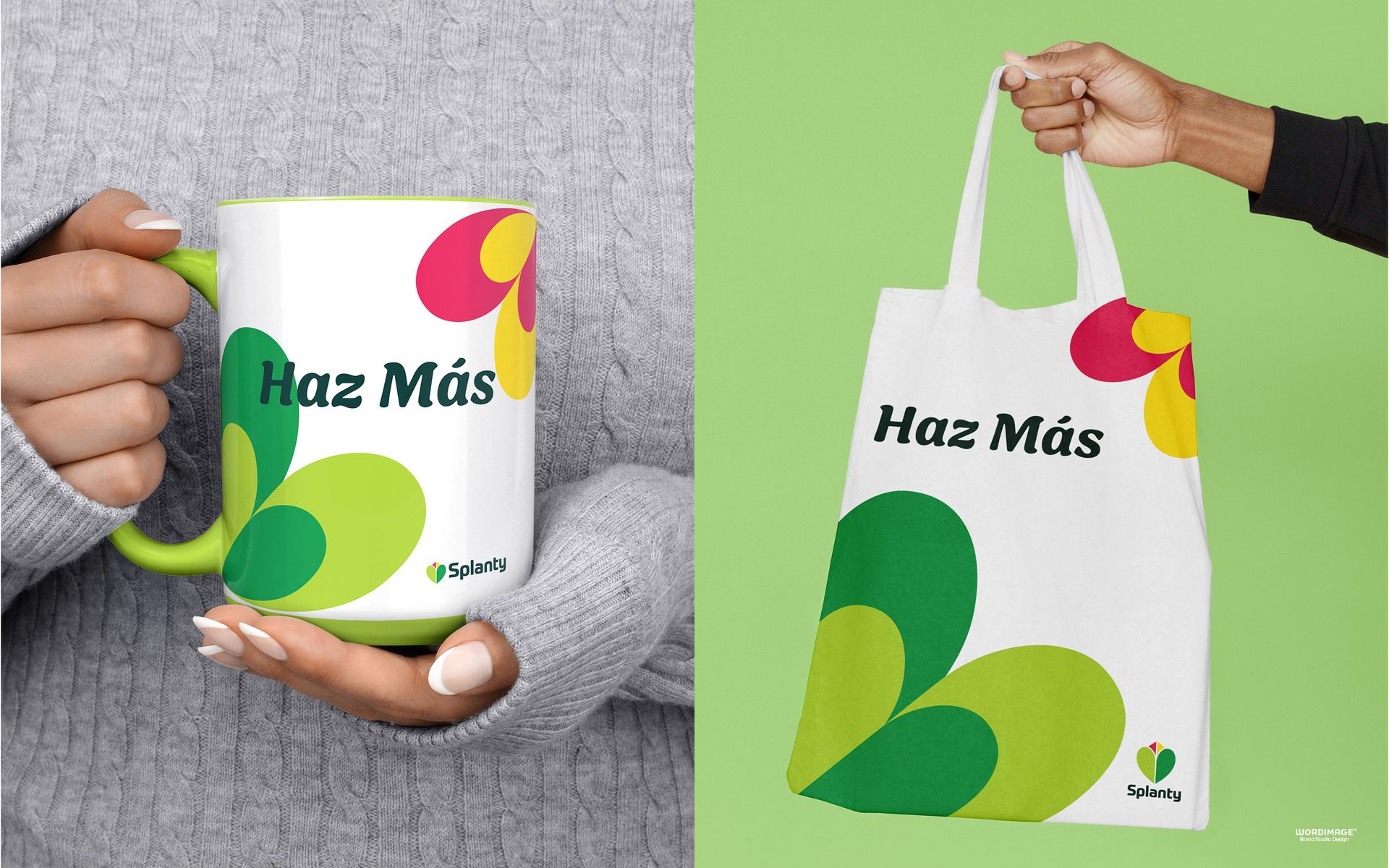 A person is holding a coffee mug and a tote bag.