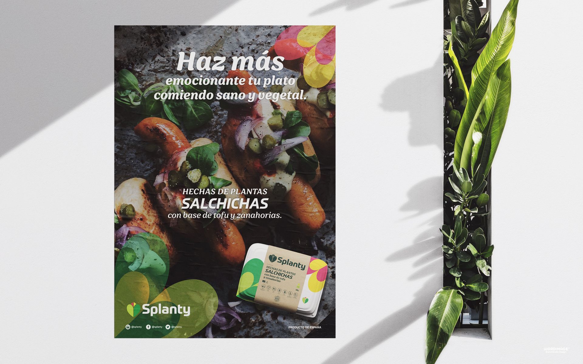 A poster for salchichas is sitting on a table next to a plant.