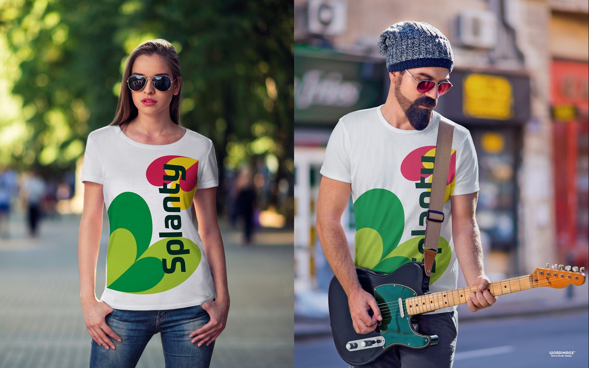 A man and a woman are standing next to each other on a street . the man is holding a guitar.