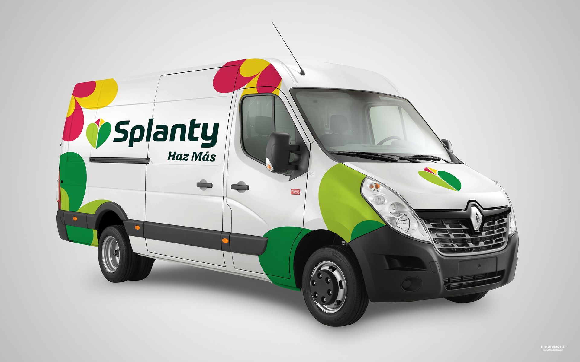 A white van with a splashy logo on the side.