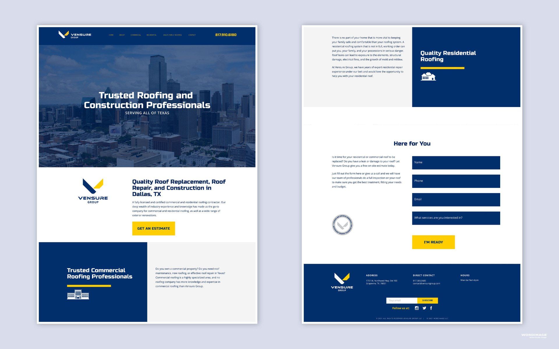 A blue and yellow landing page for a construction company.