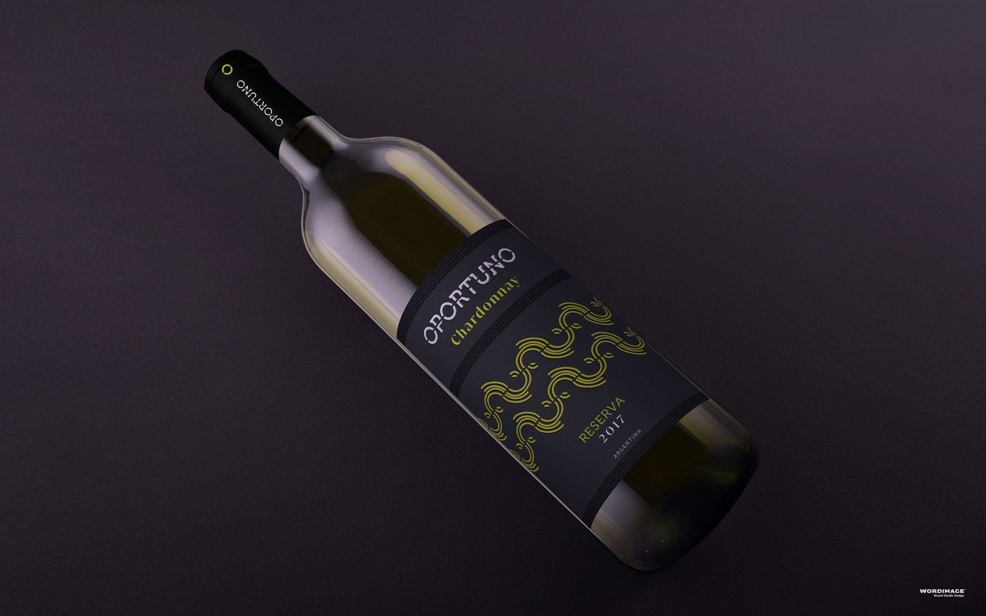 A bottle of chardonnay with a black label