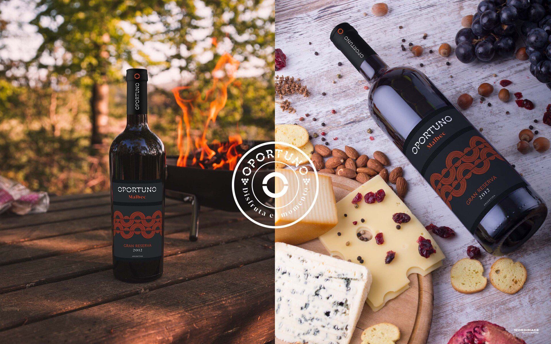 A bottle of wine is sitting on a wooden table next to a fire pit.