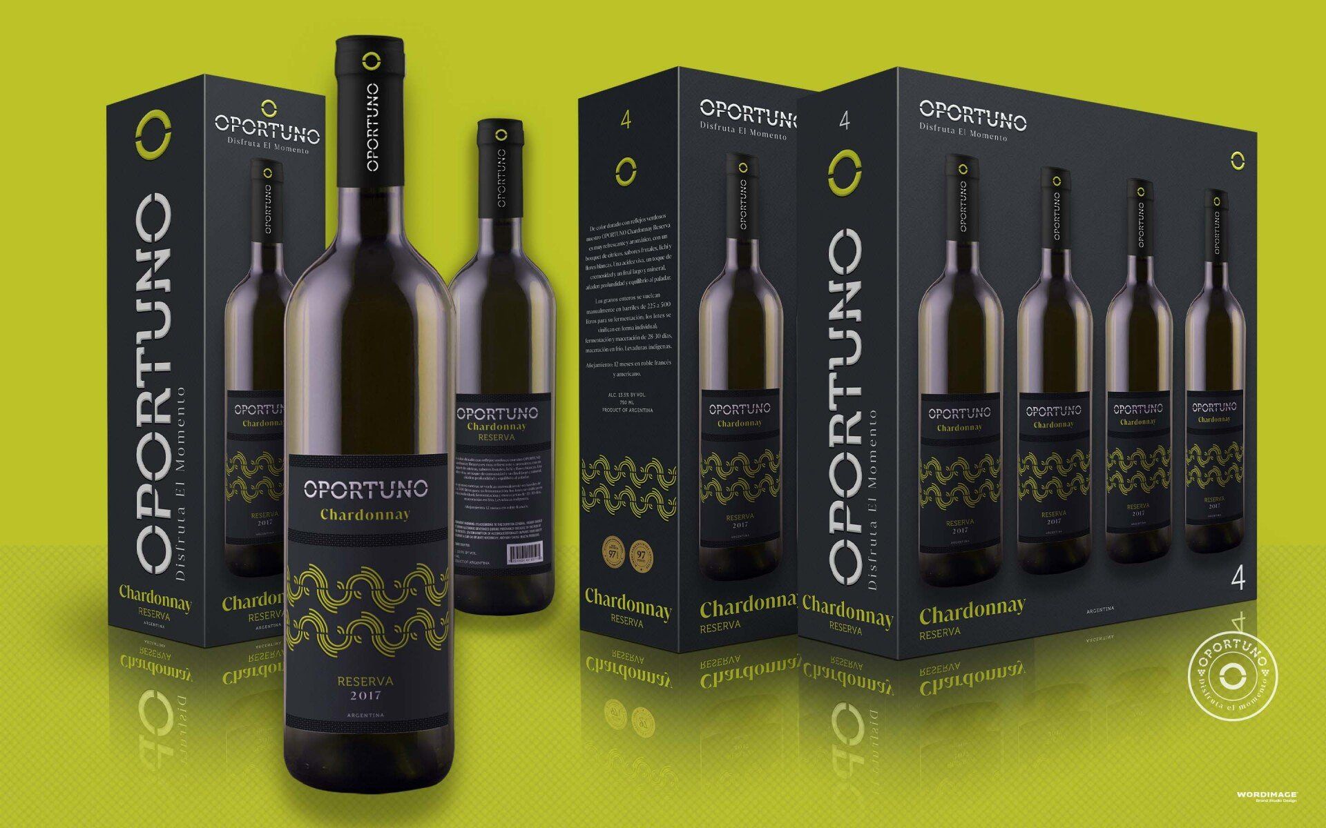 Several bottles of portuno wine are lined up next to each other