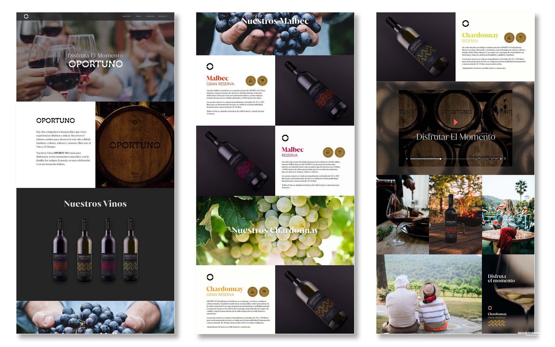 A collage of images of wine bottles , grapes , and barrels.
