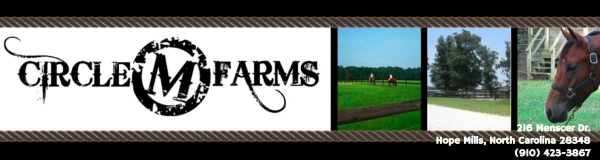 Circle M Farms banner with logo, green farm field, and horse photo on a black header background