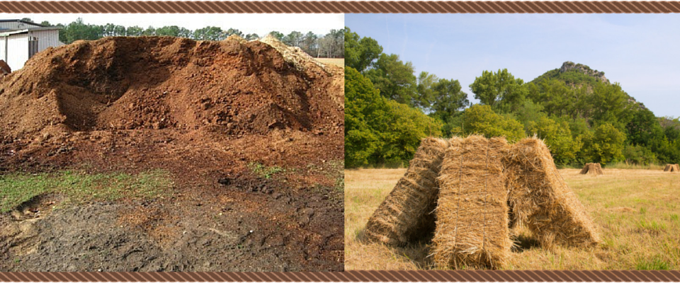 Side by side photo, one of manure compost and the other of haybales placed in a pyramid shape, both in a grassy field.