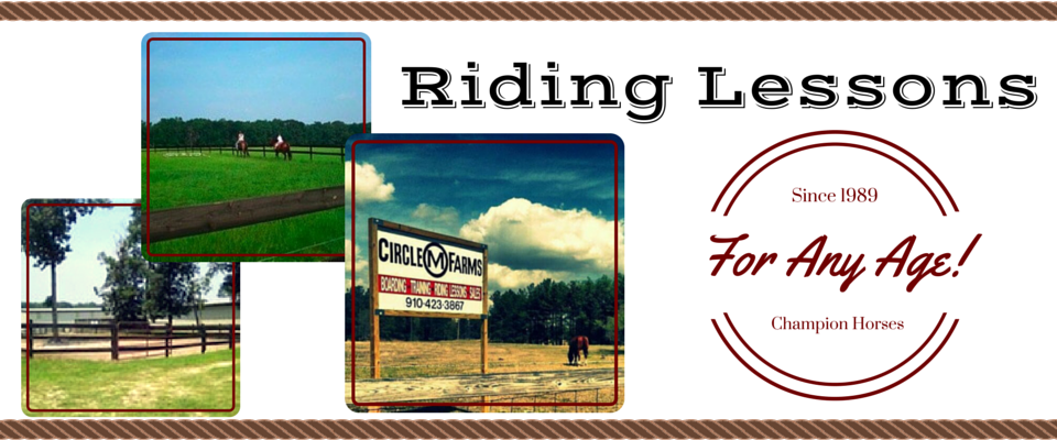 Riding lessons banner with horse farm photos and “For Any Age!” text