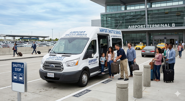 People boarding a white airport shuttle van outside the terminal with luggage nearby