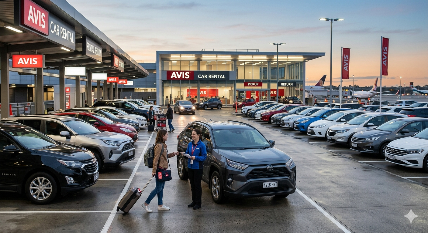 Busy car rental lot at dusk with rows of parked cars and travelers walking with luggage under AVIS signs