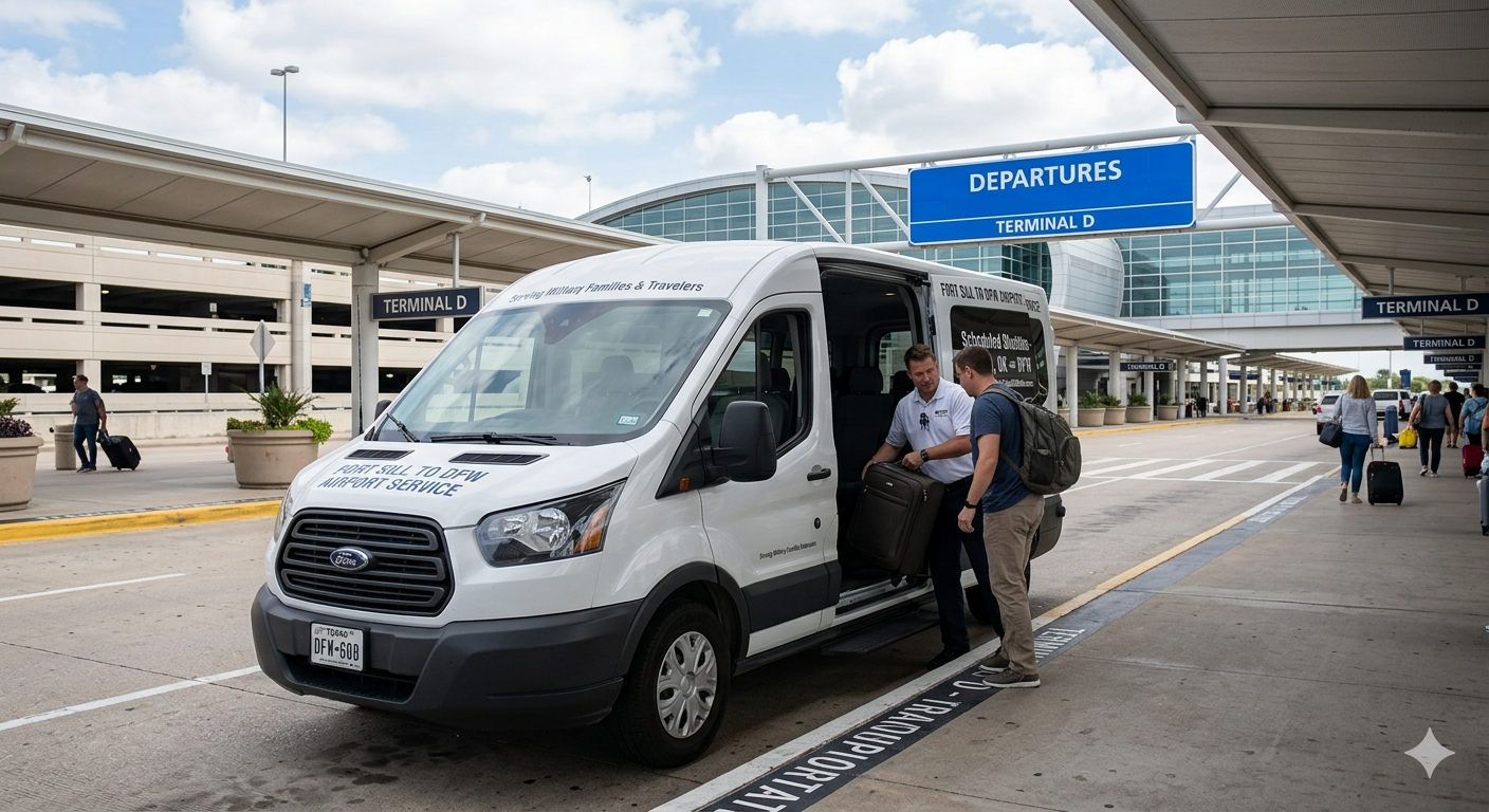 White passenger van at an airport curb with two people boarding under a covered terminal drive.