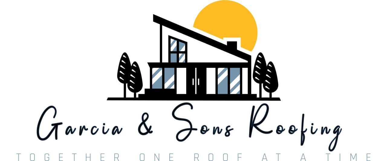 Logo for Garcia & Sons Roofing. Shows a house with a slanted roof, trees, sun, and company name.