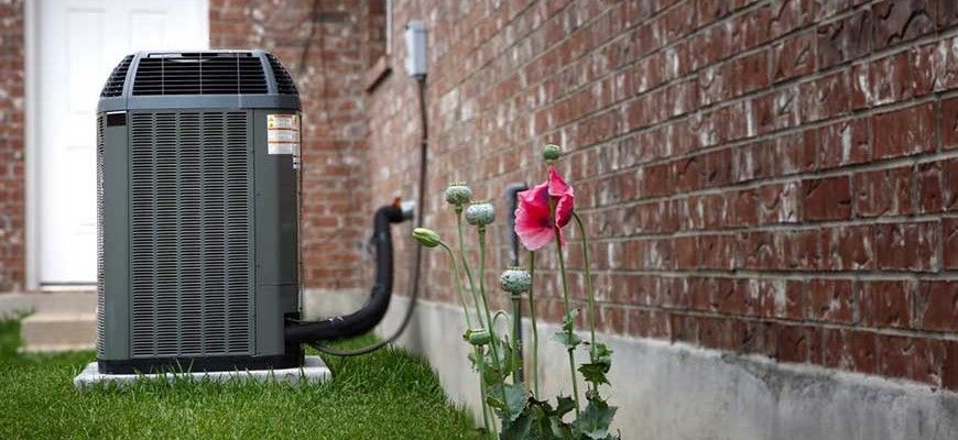 An air conditioner is sitting on the side of a brick building next to a flower.