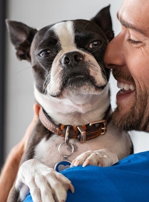 a man is holding a small black and white dog in his arms .