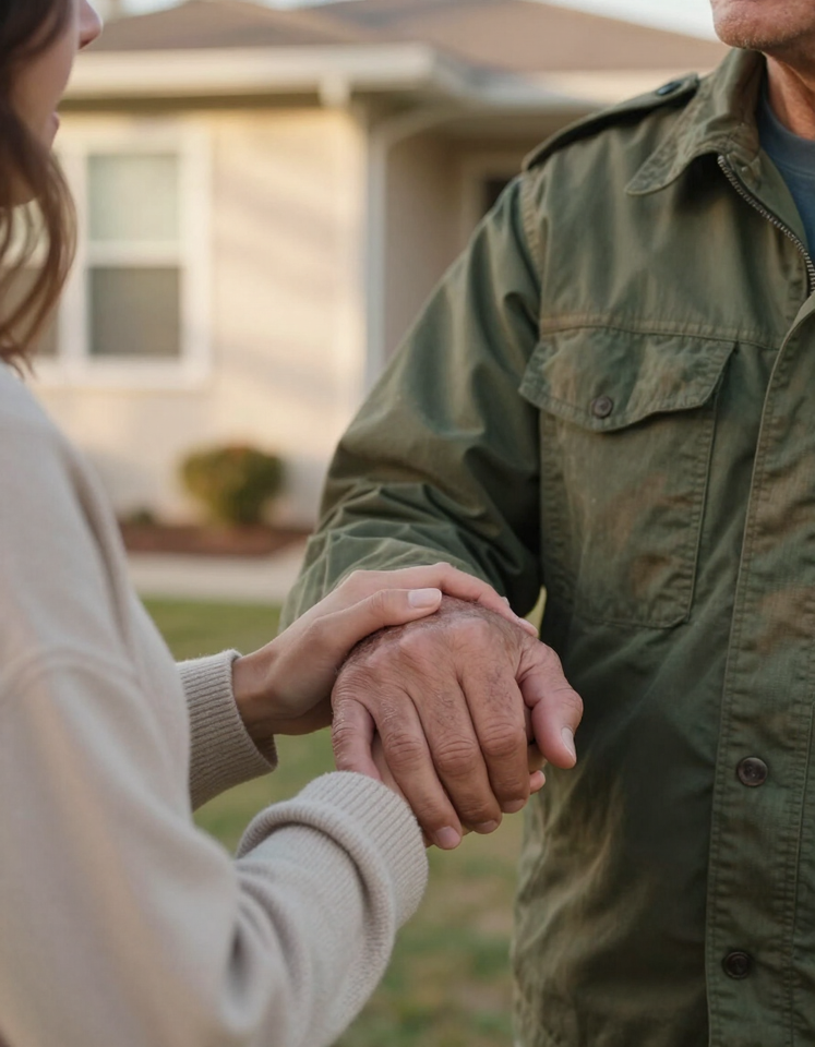Veteran and supporter clasping hands outside a home