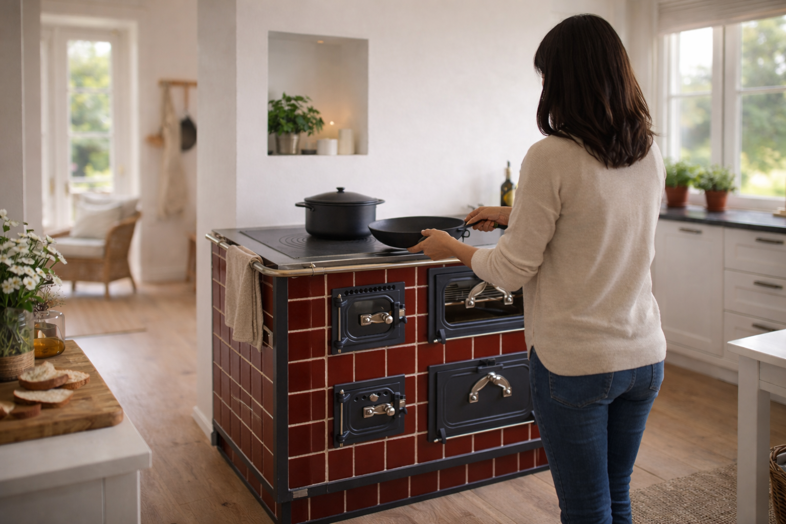 Donna che cucina su una stufa in maiolica rossa in una cucina luminosa con pavimenti in legno.
